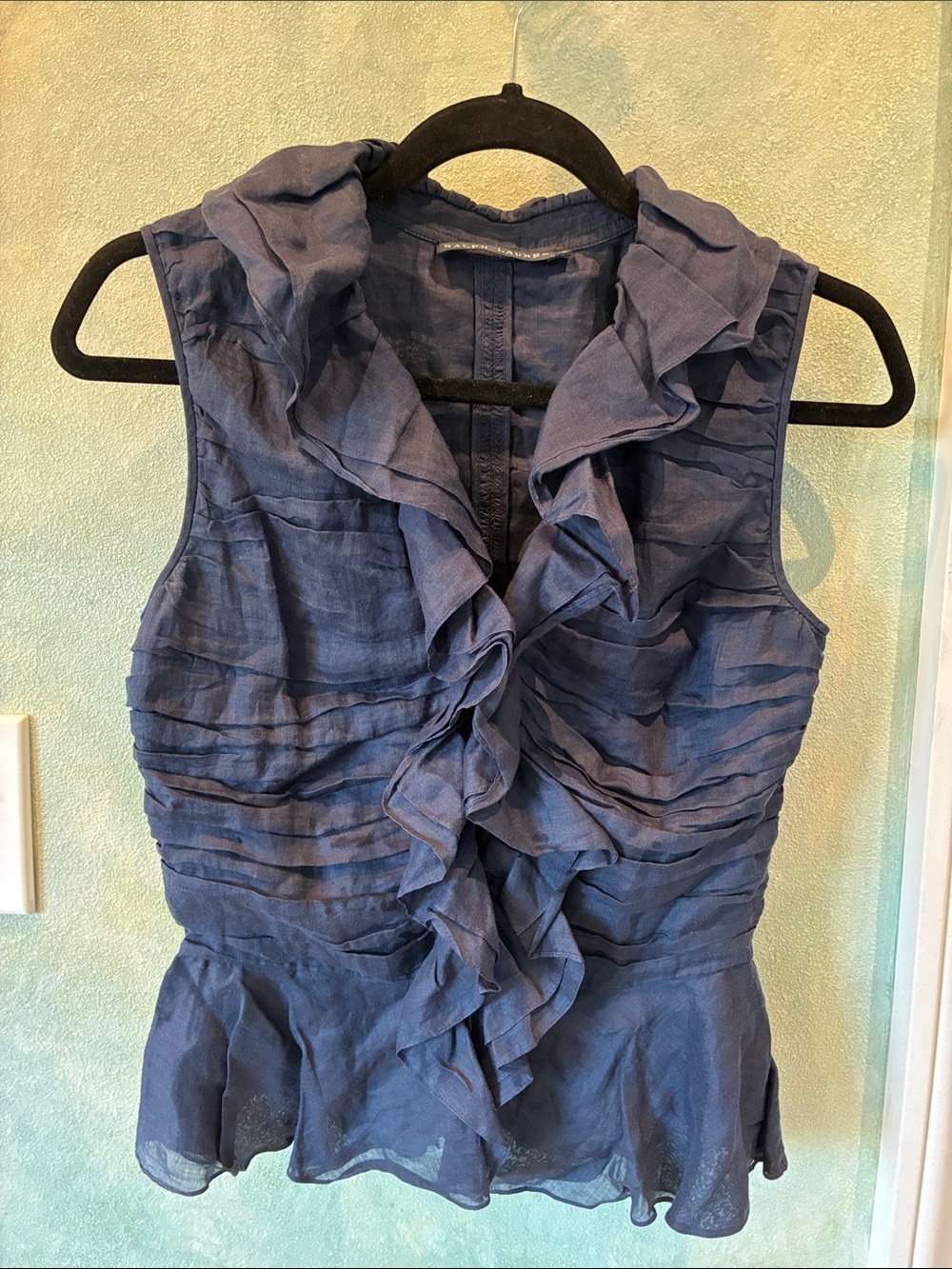 *VINTAGE* BEAUTIFUL * Ralph Lauren Navy Ruffled Peplum Sleeveless Blouse
